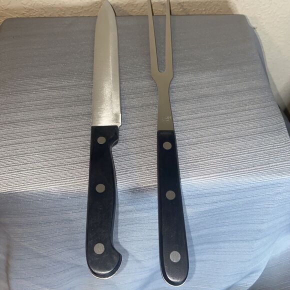 New 13” Carving Fork and Knife Stainless Steel Set with Black Handles - Picture 2 of 8